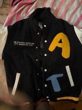 Adventure Time Black Varsity Bomber Jacket with Yellow & Blue Appliqué